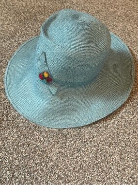 Jennifer Ouellette Wide Brim Sun Hat in Light Teal with Decorative Accent